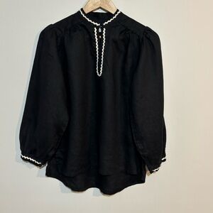 Trovata Birds of Paradis Black 100% Linen Bailey Blouse | Womens Size Small